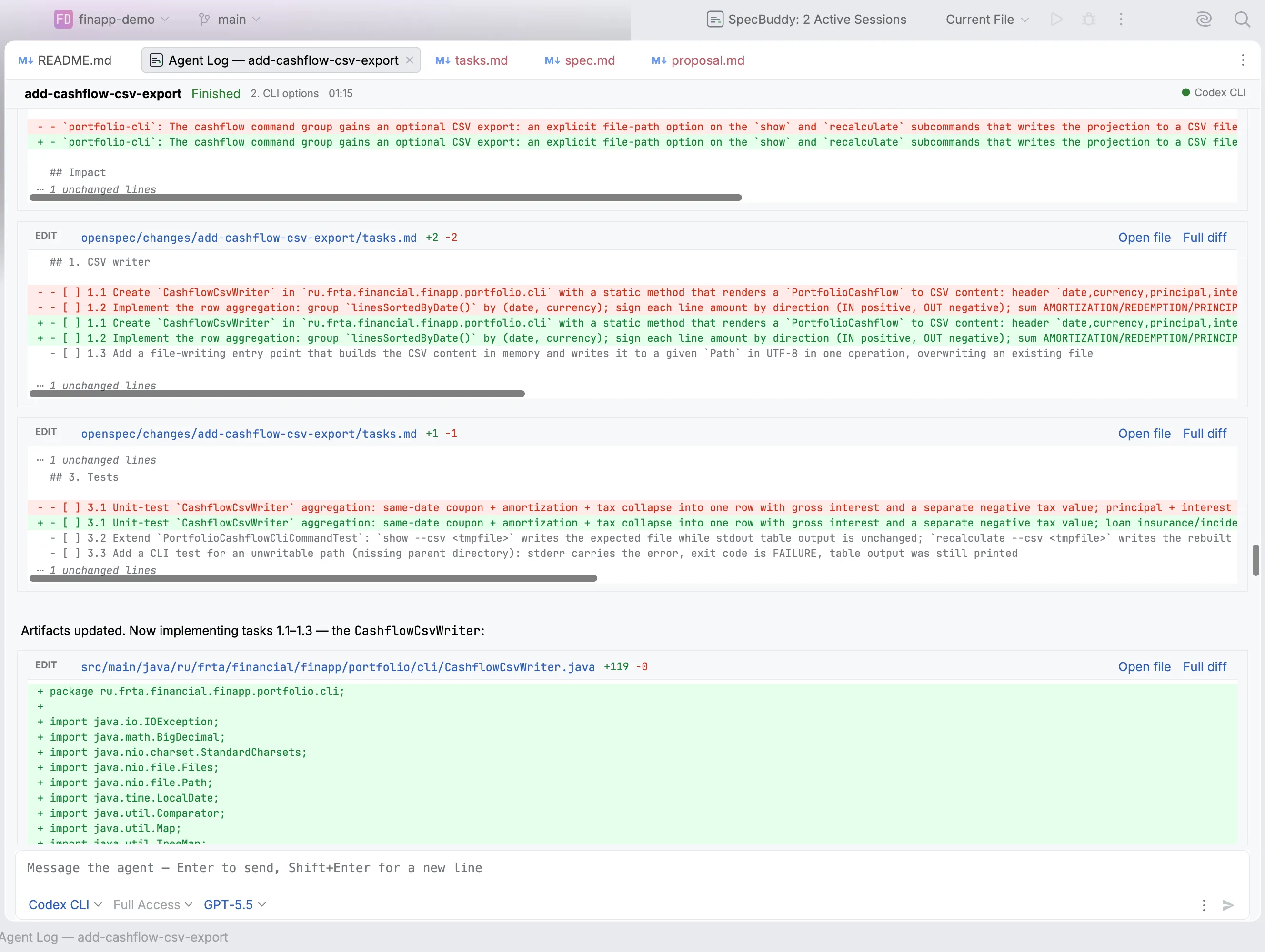 A file edit inside the agent log