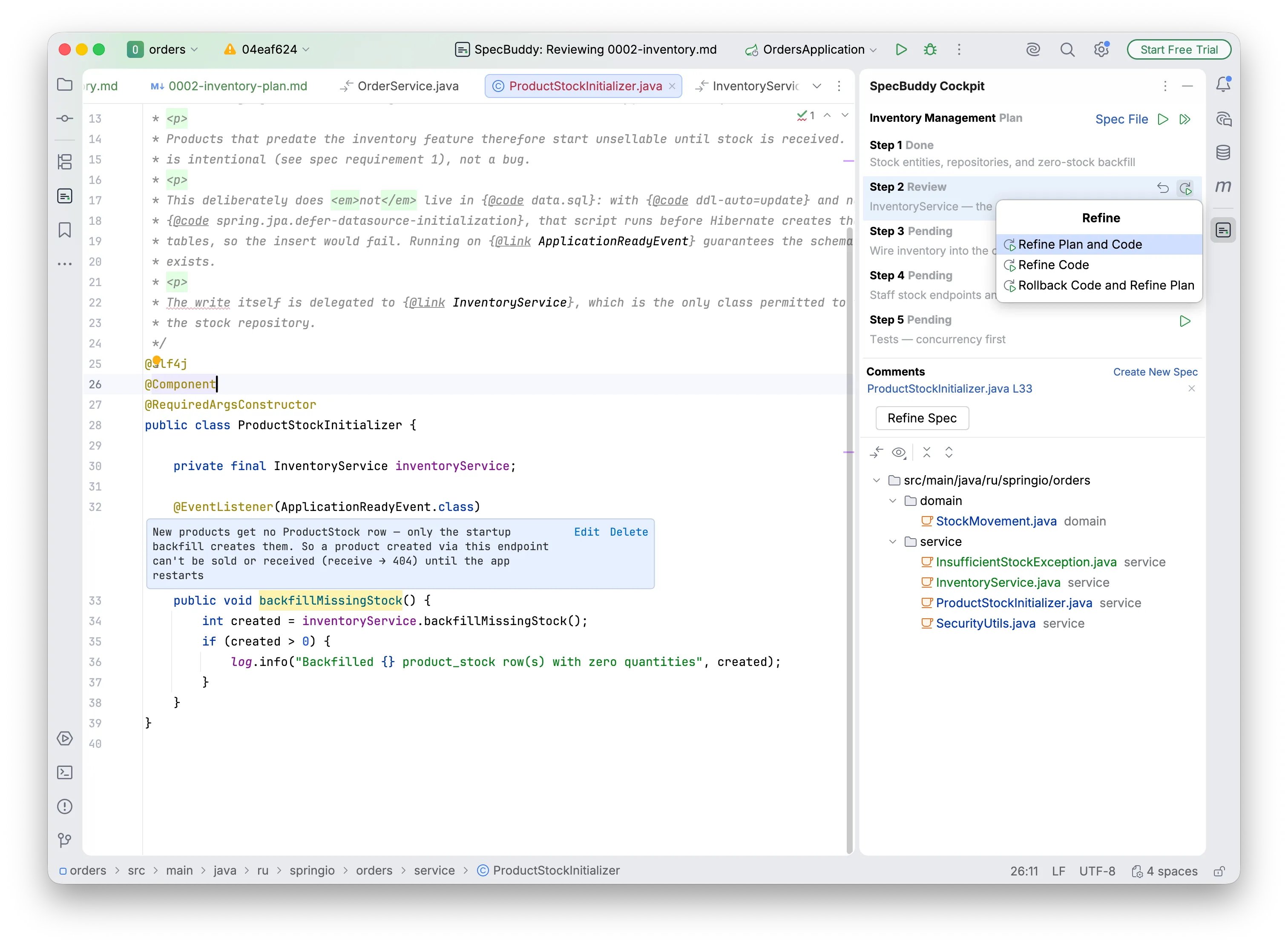 Commenting on a line of generated code and asking the agent to fix the code, the spec, and the plan