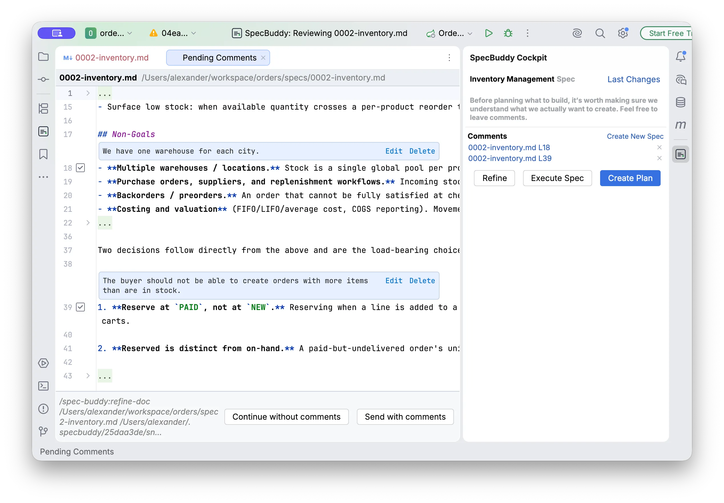 Leaving review comments directly inside the specification document